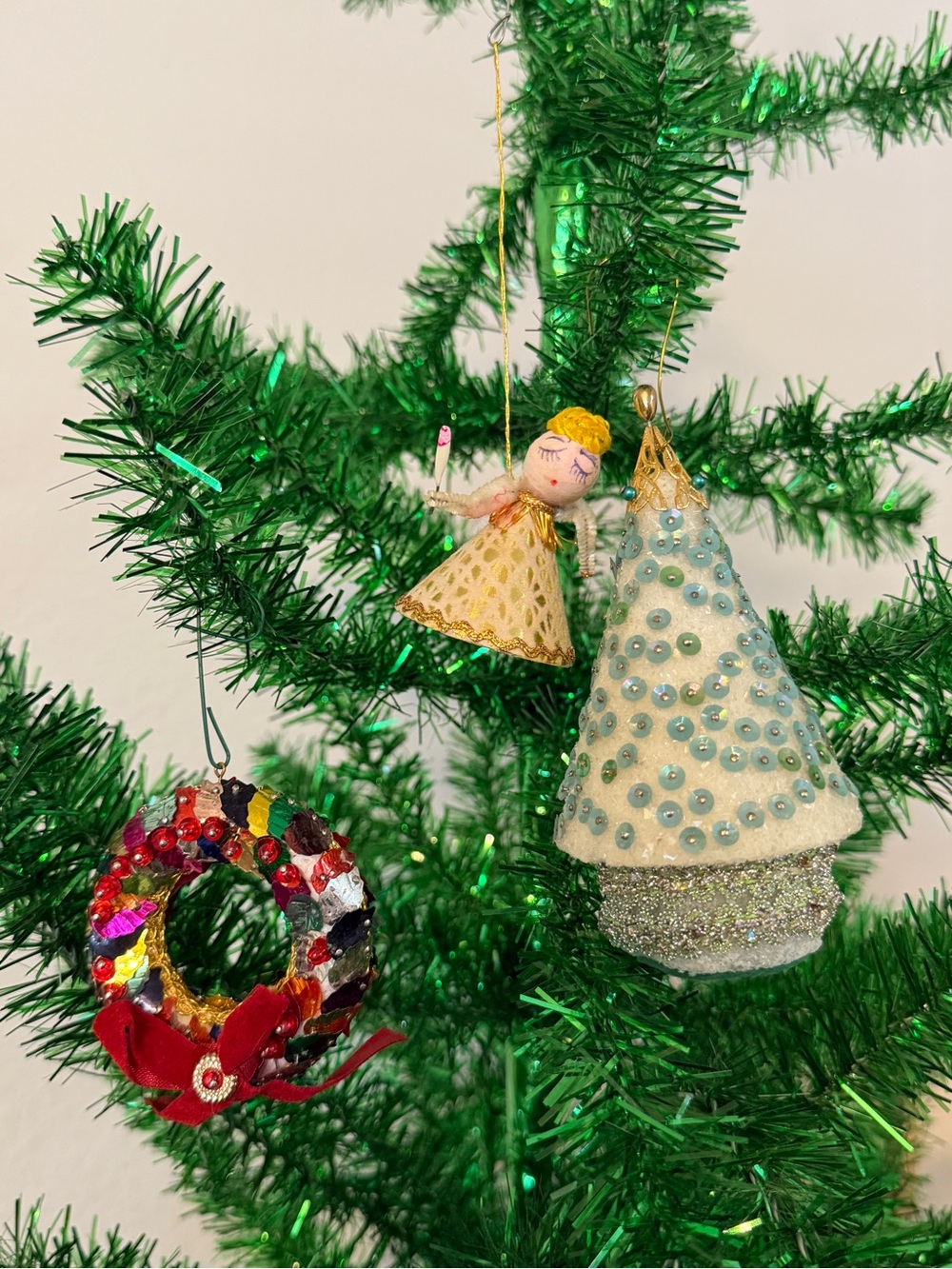 Vintage Japan Multicolor Angel Wreath Christmas Ornaments Sequin Glitter Lot 3pc